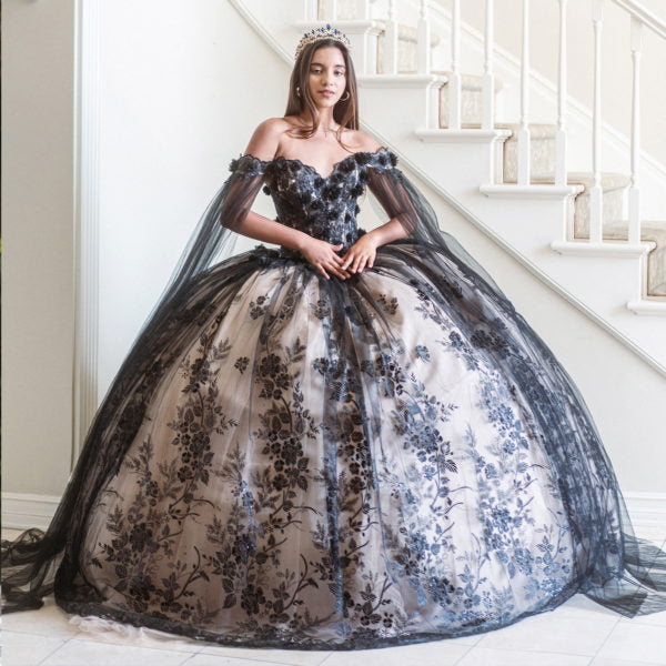 3-D Floral Applique Glitter Pattern Embellished Mesh Quinceanera Gown-3