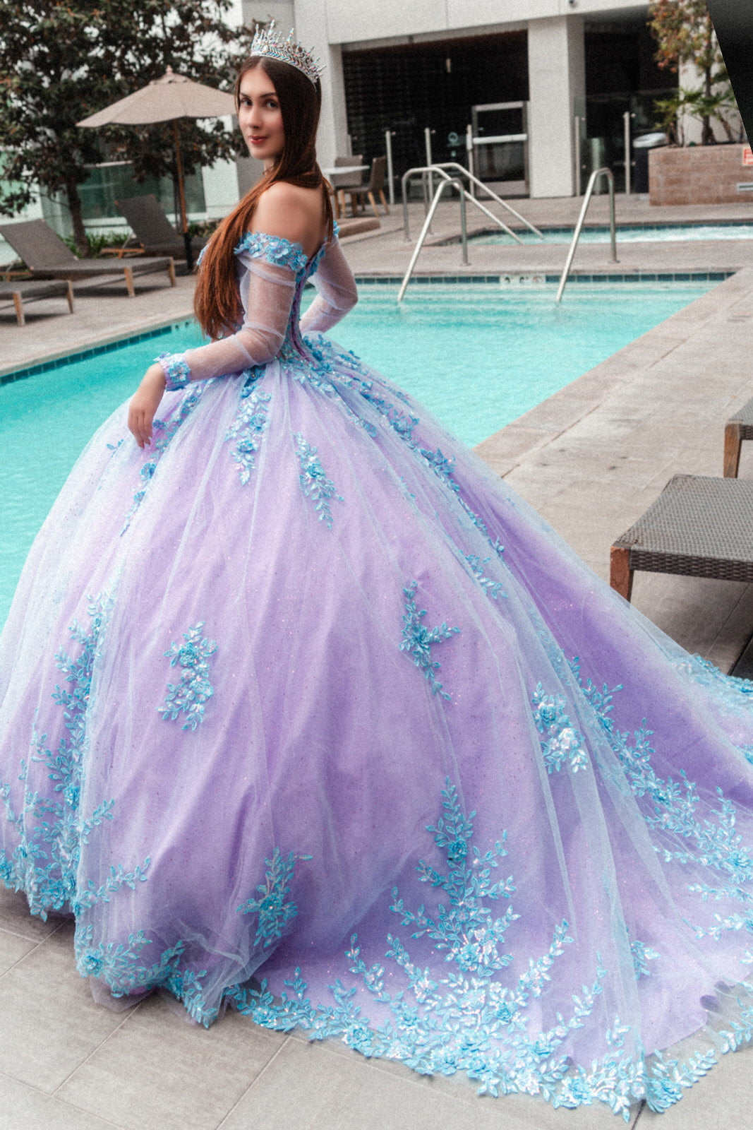 3D Floral Applique Embellished Cut-Away Shoulder Quinceanera Dress w/ Long Mesh Sleeve-1