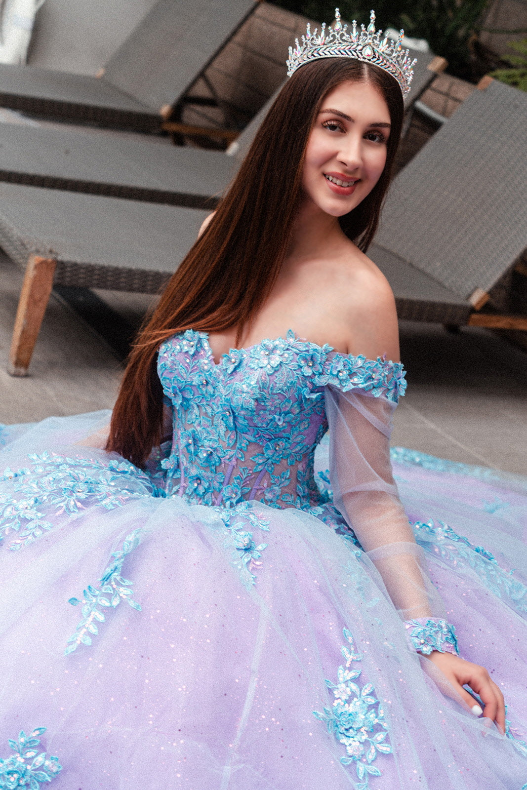 3D Floral Applique Embellished Cut-Away Shoulder Quinceanera Dress w/ Long Mesh Sleeve-2