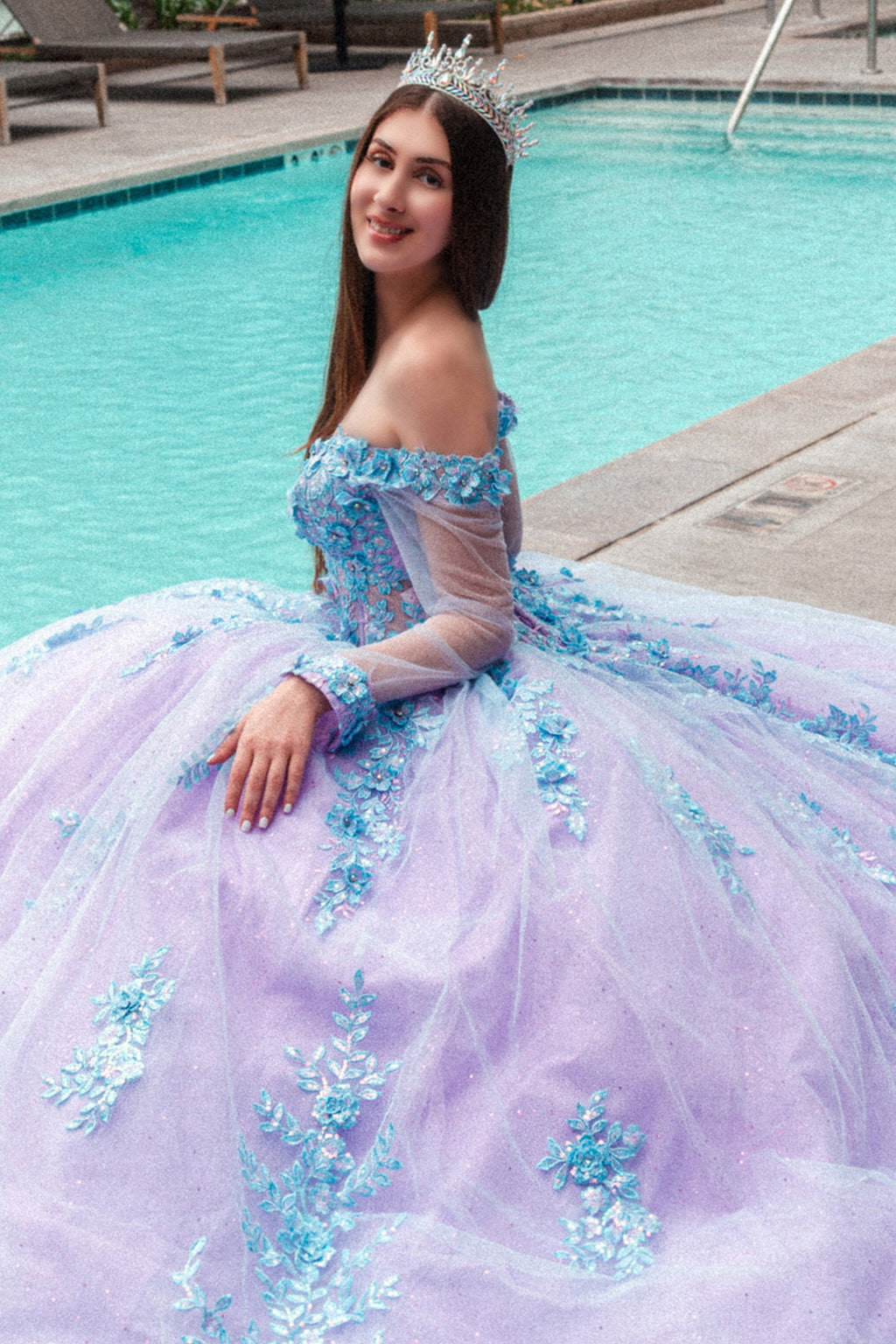 3D Floral Applique Embellished Cut-Away Shoulder Quinceanera Dress w/ Long Mesh Sleeve-3