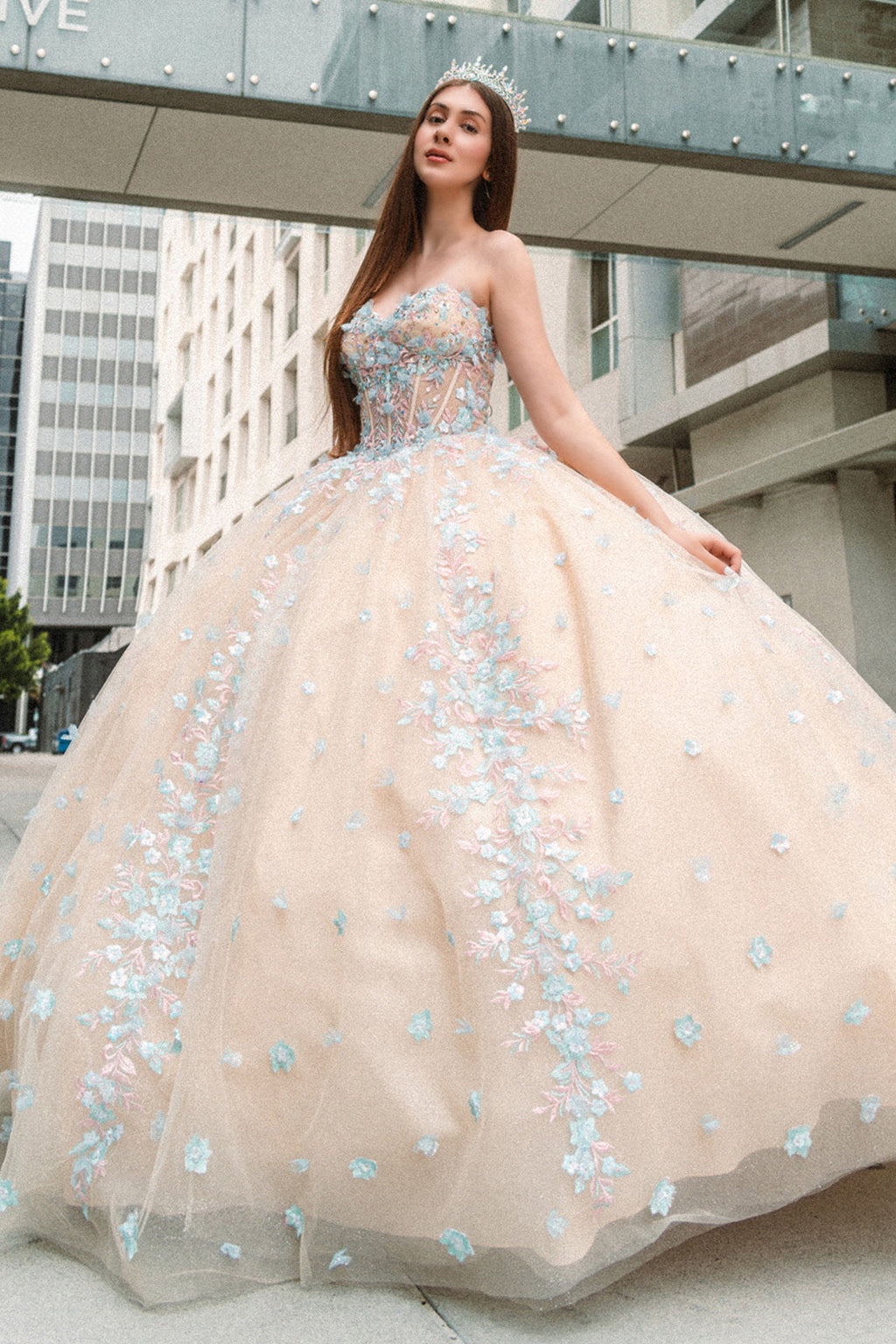 Beads Embellished Glitter Print Sweetheart Quinceanera Dress w/ detachable puff sleeve-0