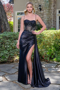 Spaghetti Strap Embellished Bejeweled Mesh Corset Ruched Satin Slit Skirt With Trailing Fabric-4