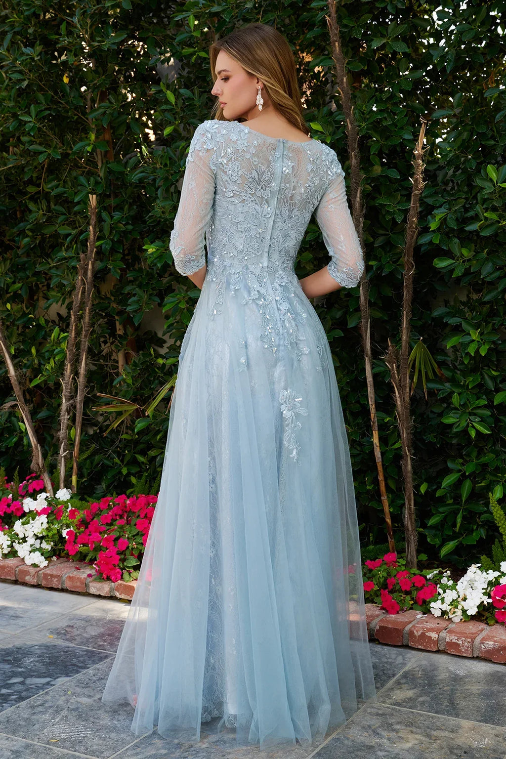 Boat Neckline 3 4 Sleeve Embroidery Sequin Embellishments Lace Underlayer Dress-1