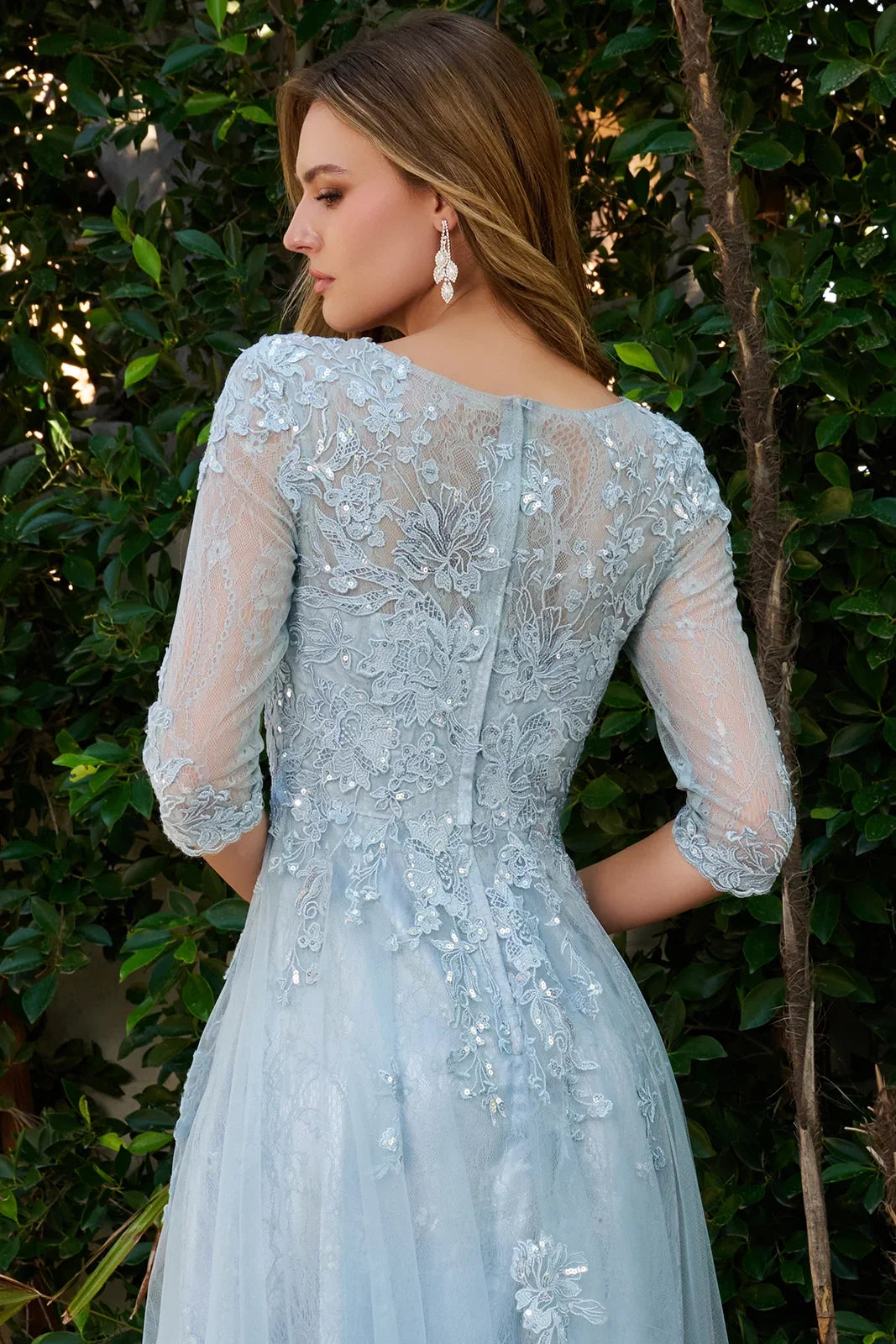 Boat Neckline 3 4 Sleeve Embroidery Sequin Embellishments Lace Underlayer Dress-3