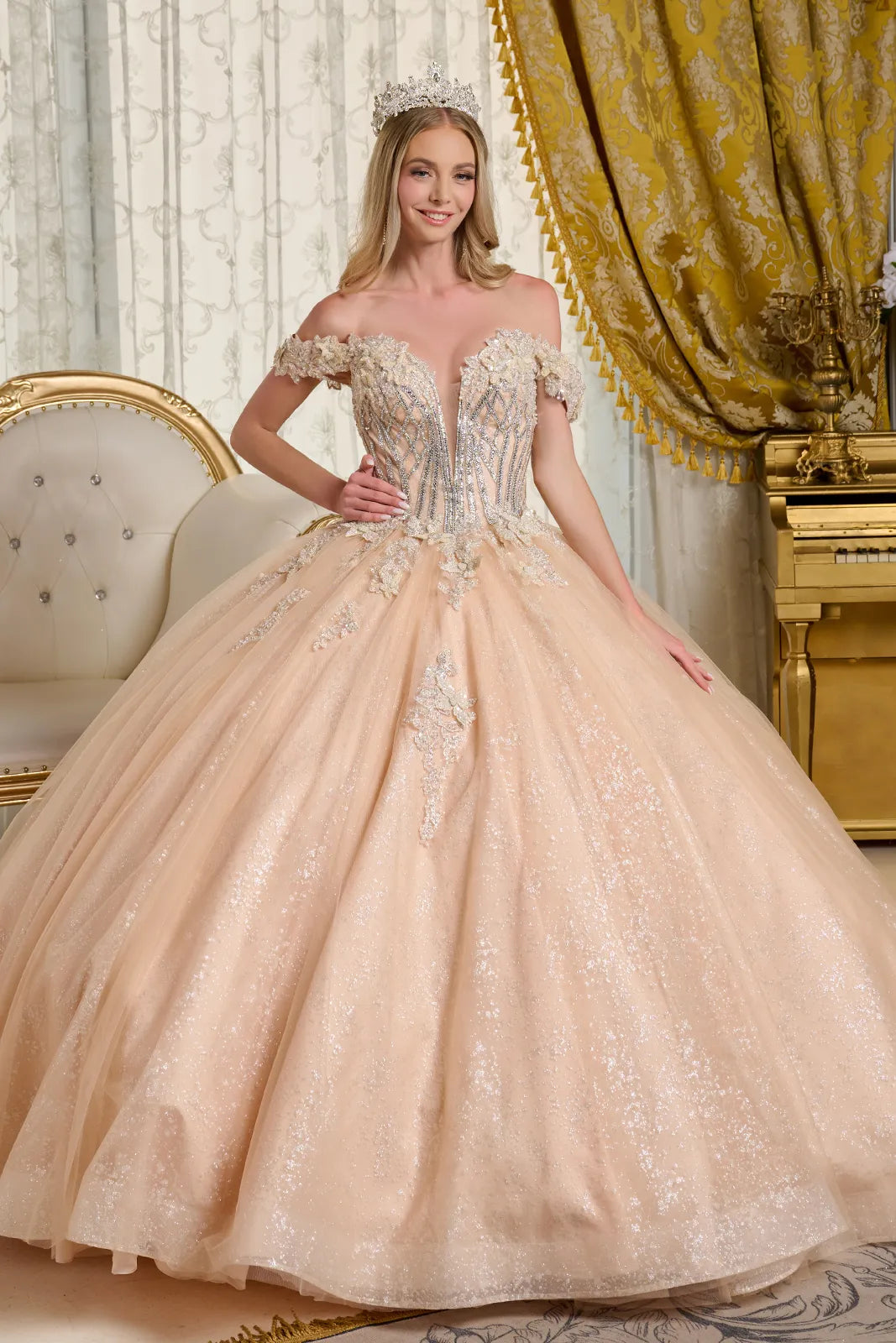 Embellished V Neck Off Shoulder Strap Bejeweled Bodice Ball Gown With 3d Flower Appliques-0