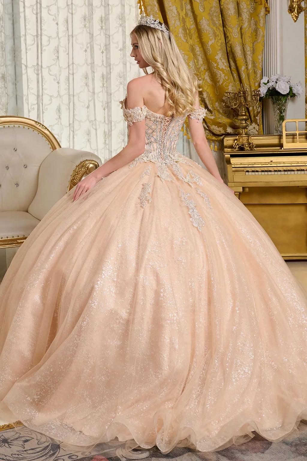 Embellished V Neck Off Shoulder Strap Bejeweled Bodice Ball Gown With 3d Flower Appliques-1