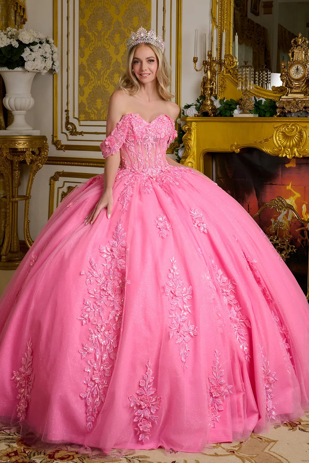 3d Flower Applique Embellished Off Shoulder Straps Glitter Underlayer Ball Gown-0