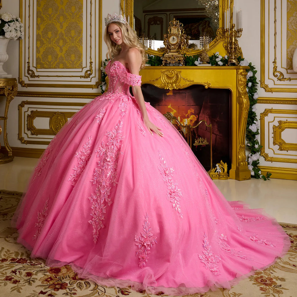 3d Flower Applique Embellished Off Shoulder Straps Glitter Underlayer Ball Gown-2