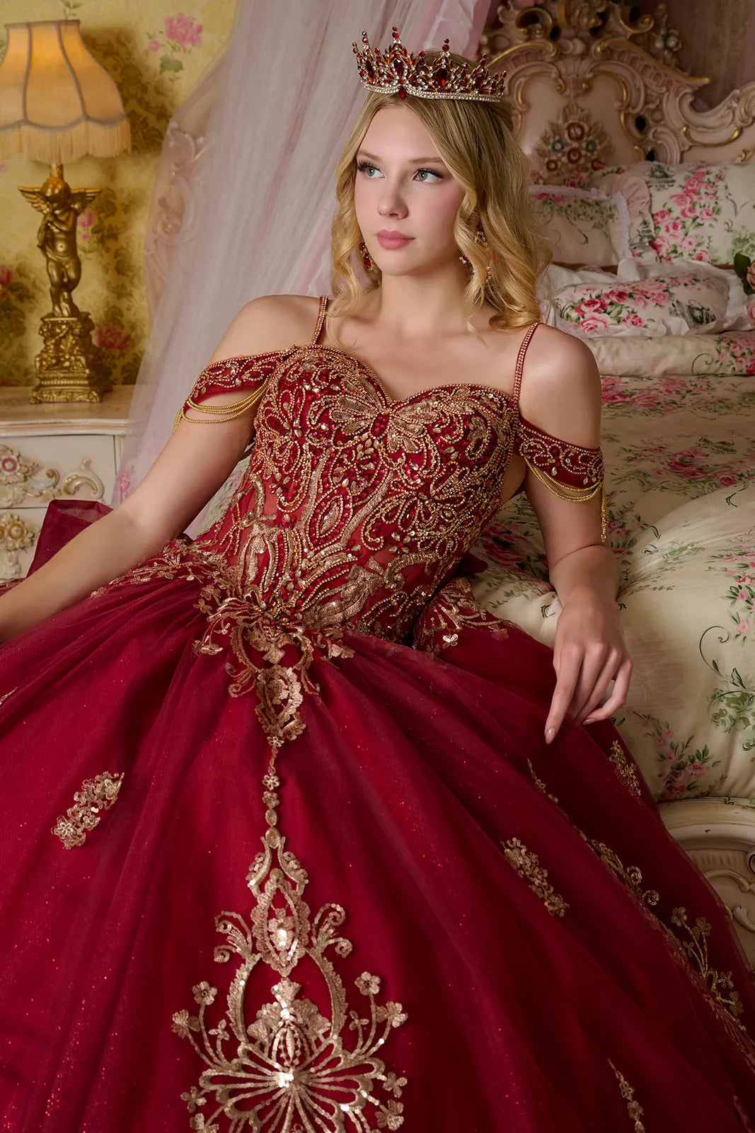 Embellished Cold Shoulder Sleeves W Dangling Beads Train Like Detachable Back Bow Ball Gown-3
