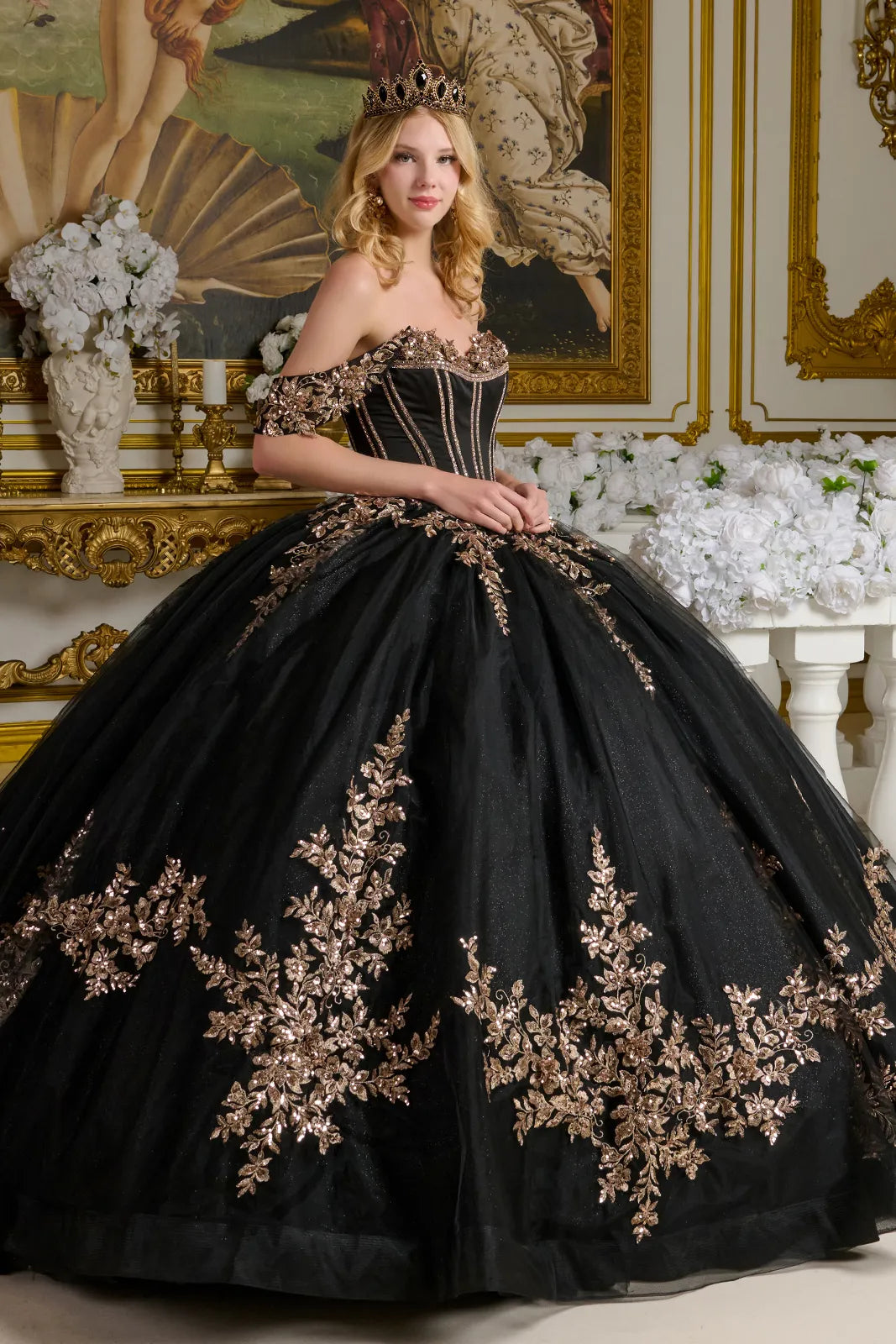 Detachable Off Shoulder Strap Bejeweled Bodice Corset Back Ball Gown With Detachable Back Bow-0