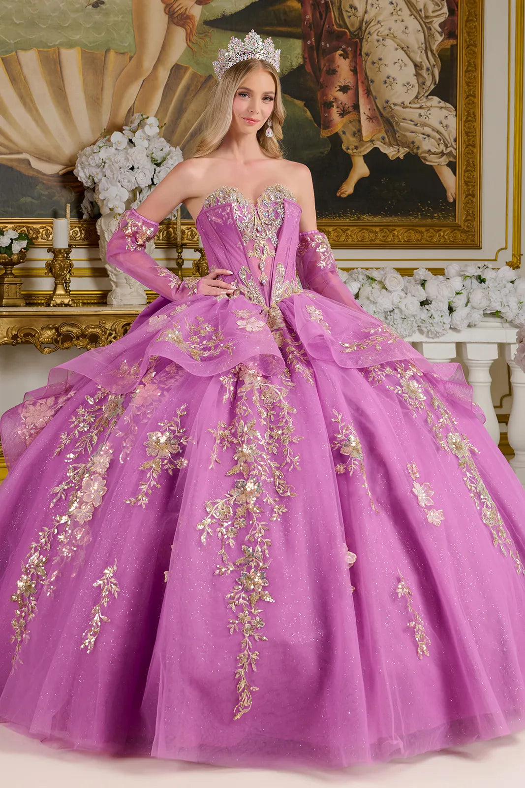 Detached Long Sleeves Sheer Corset Style Cover Layer Glittery Waist Layered Ruffles Bow Ball Gown-0
