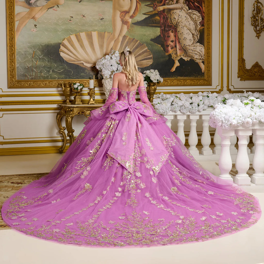 Detached Long Sleeves Sheer Corset Style Cover Layer Glittery Waist Layered Ruffles Bow Ball Gown-2