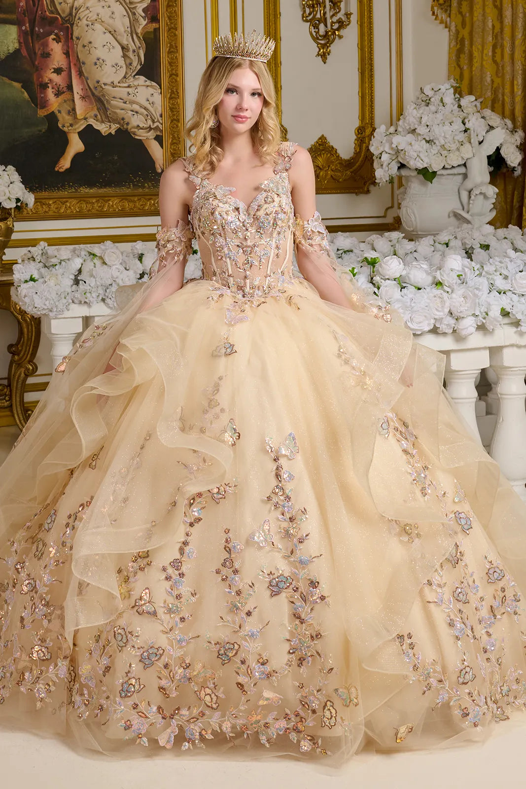 3d Butterfly Applique Embellished Shoulder Strap Cape Sleeves Cascading Ruffles Ball Gown-0