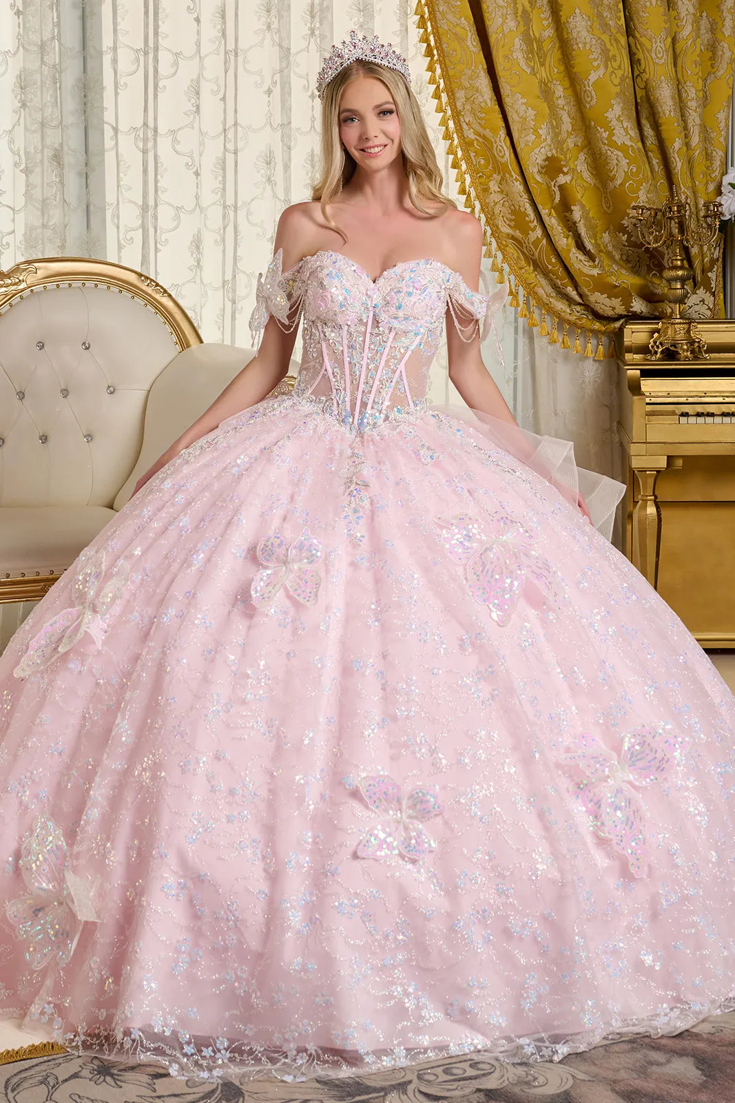3d Butterfly Applique 3d Flower Beads Back Cascading Ruffle Layer Two Detachable Back Bow Ball Gown-0
