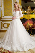 Wedding Gown  A Line A Wide V-Neckline  Off-The-Shoulder Sleeves-0