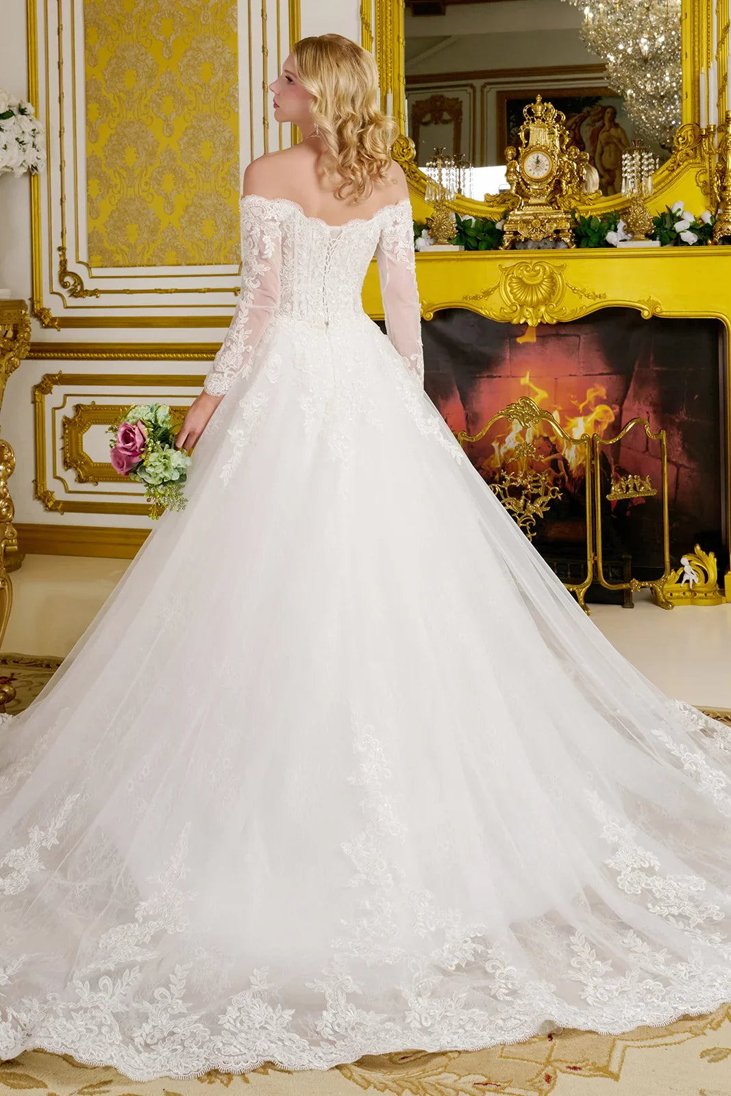 Wedding Gown  A Line A Wide V-Neckline  Off-The-Shoulder Sleeves-1