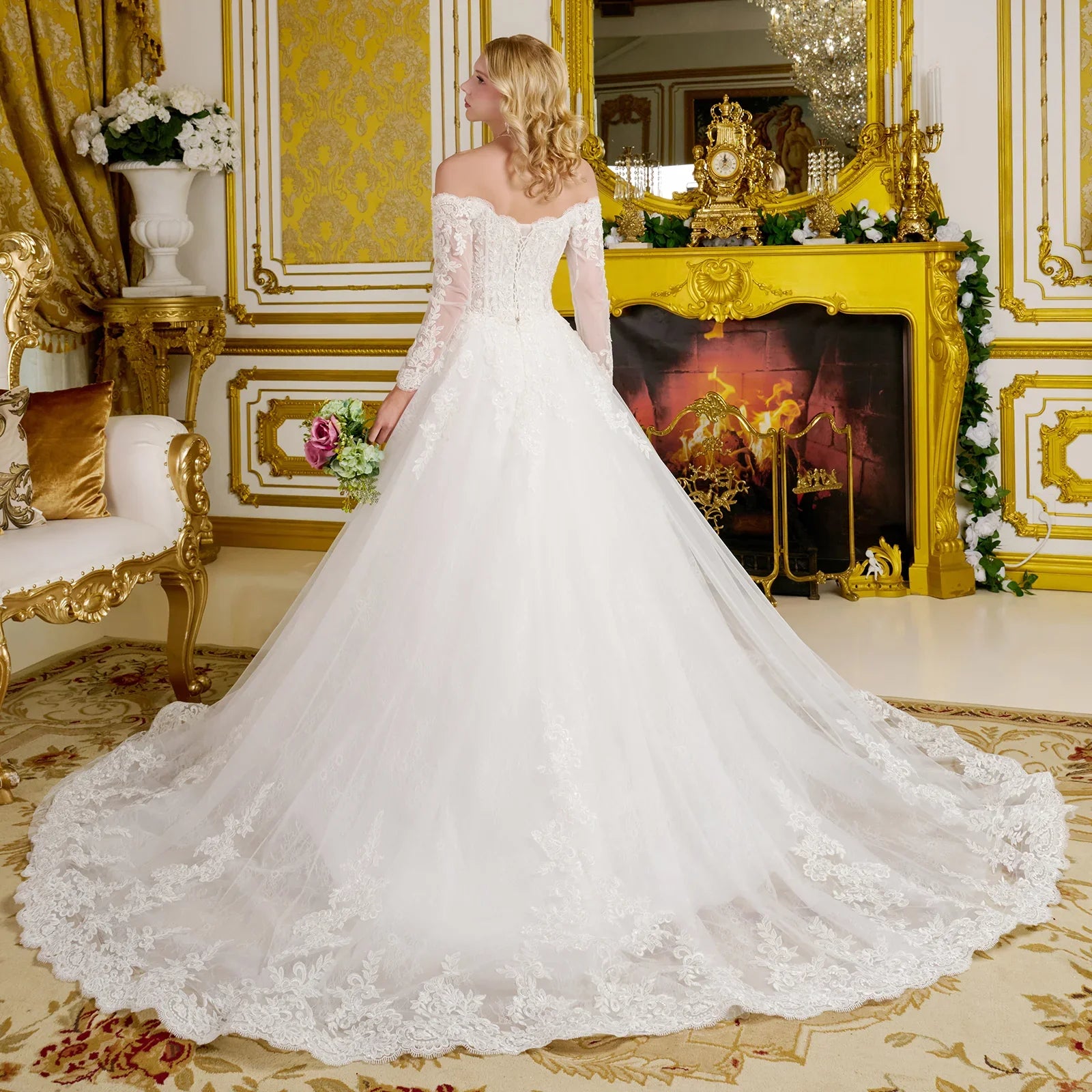 Wedding Gown  A Line A Wide V-Neckline  Off-The-Shoulder Sleeves-2