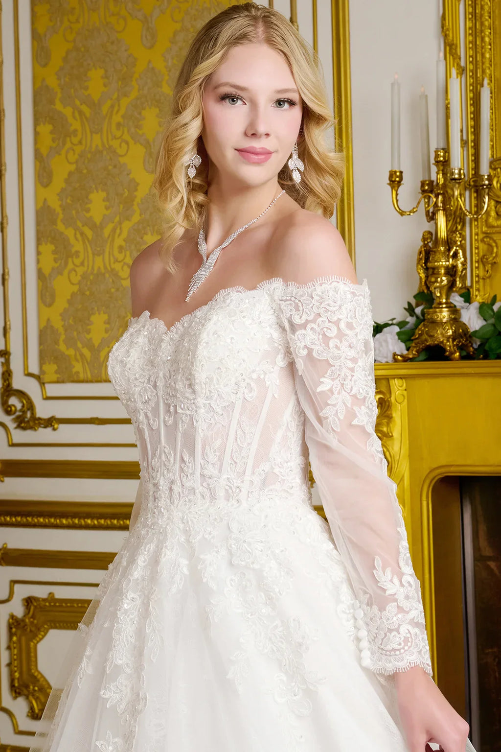 Wedding Gown  A Line A Wide V-Neckline  Off-The-Shoulder Sleeves-3