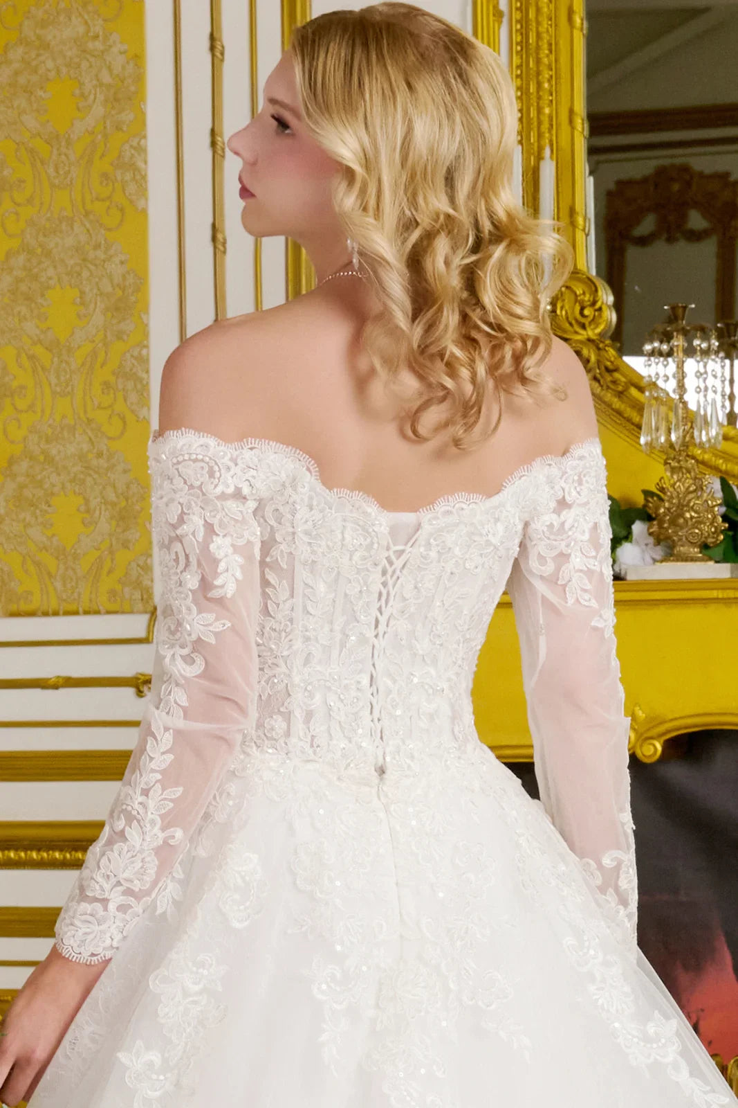 Wedding Gown  A Line A Wide V-Neckline  Off-The-Shoulder Sleeves-4