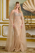Embellished Straps V Neckline Zipper Fitted Dress With Detachable Cape Sleeves-0