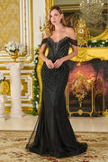 Gathered Off Shoulder Straps V Neckline Fitted Zipper Dress With Dangling Beads-0