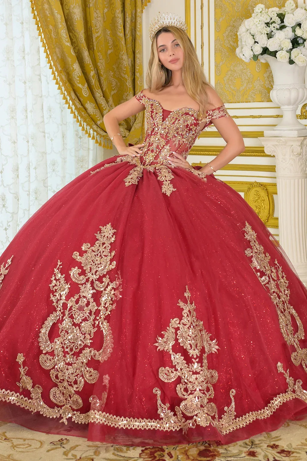 Off Shoulder Embellished V Neckline Corset Bodice Train Ball Gown With Detachable Bow-0