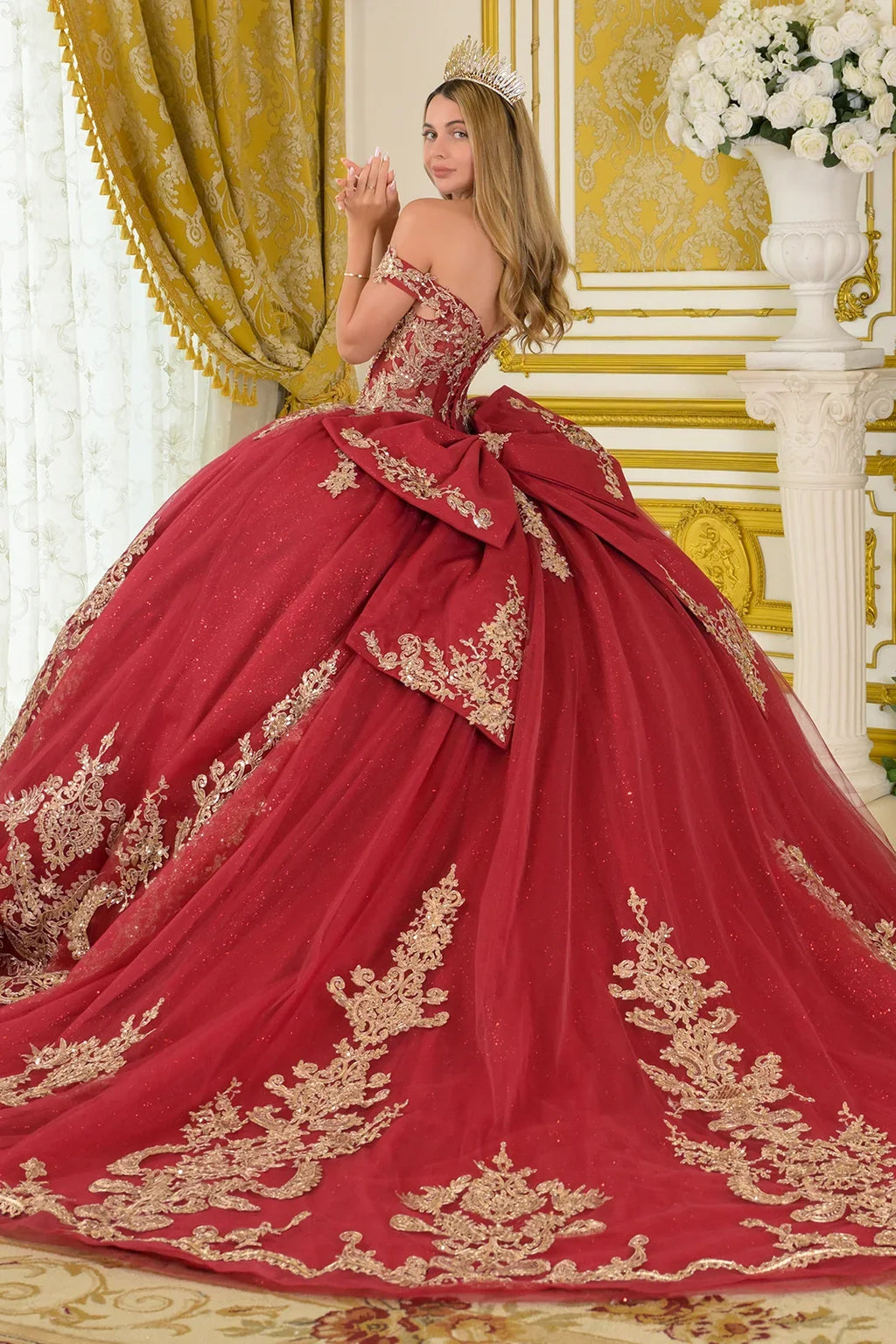 Off Shoulder Embellished V Neckline Corset Bodice Train Ball Gown With Detachable Bow-1