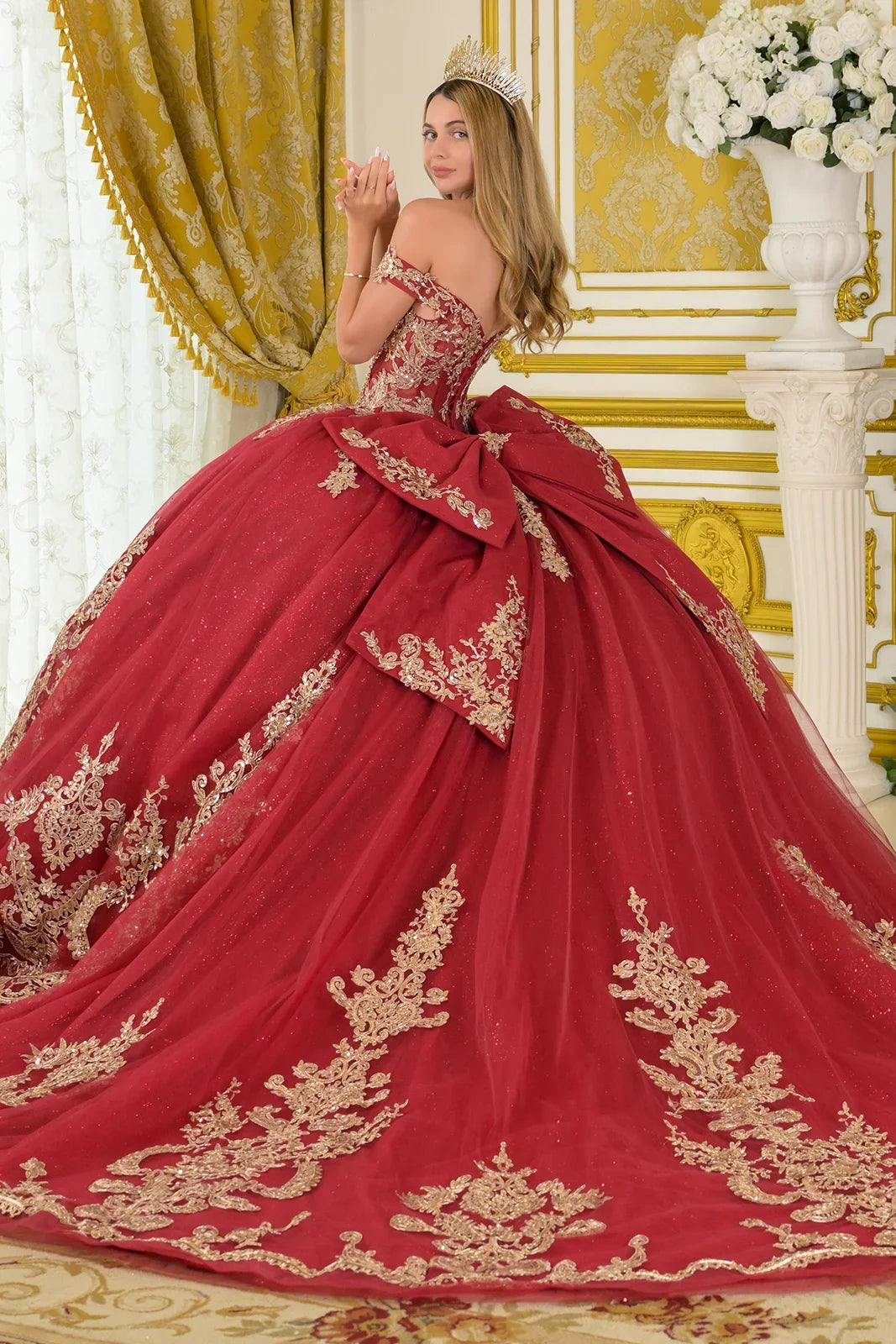 Off Shoulder Embellished V Neckline Corset Bodice Train Ball Gown With Detachable Bow-1