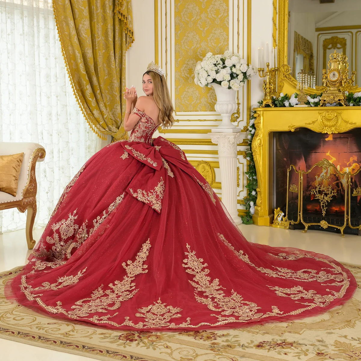 Off Shoulder Embellished V Neckline Corset Bodice Train Ball Gown With Detachable Bow-2