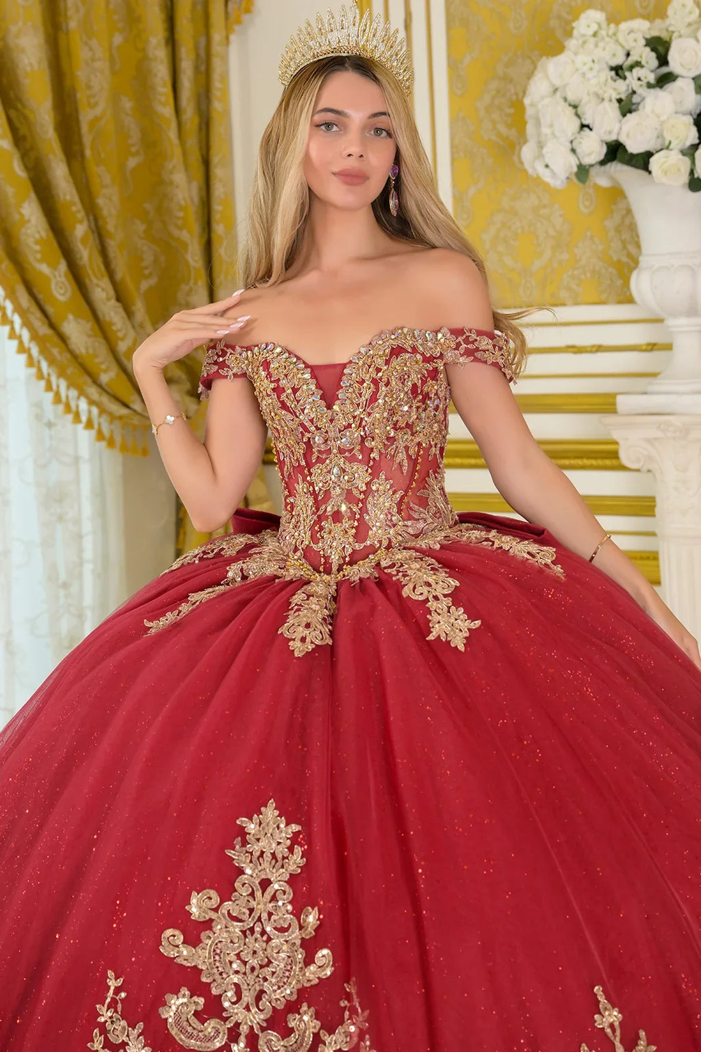 Off Shoulder Embellished V Neckline Corset Bodice Train Ball Gown With Detachable Bow-3