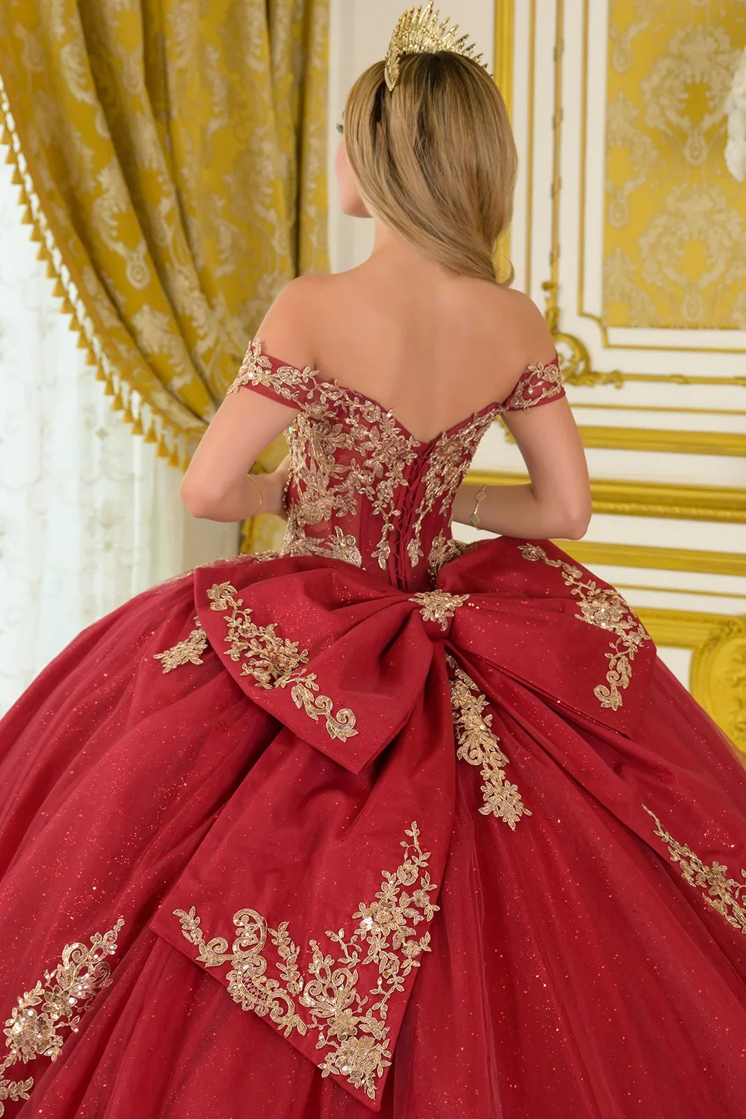 Off Shoulder Embellished V Neckline Corset Bodice Train Ball Gown With Detachable Bow-4