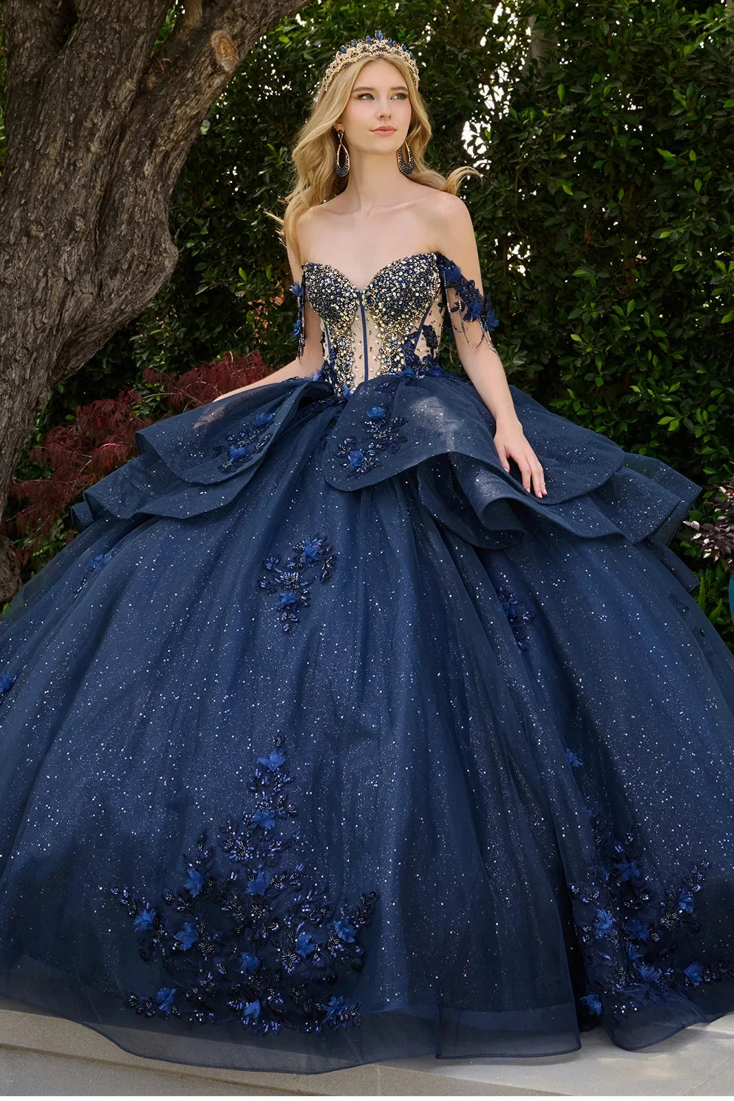 Dangling Beads Detachable Off Shoulder Straps V Neckline Layered Waist Ruffle Train Ball Gown-0