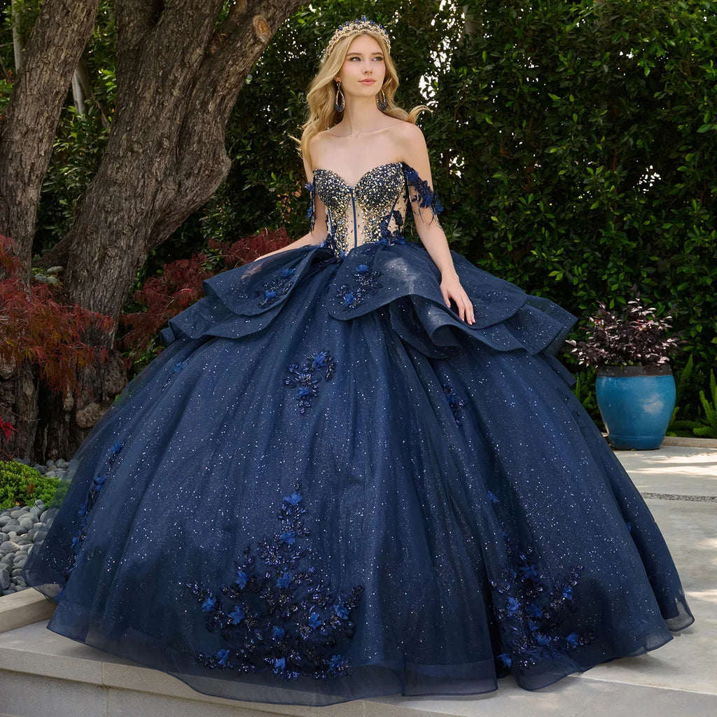 Dangling Beads Detachable Off Shoulder Straps V Neckline Layered Waist Ruffle Train Ball Gown-2