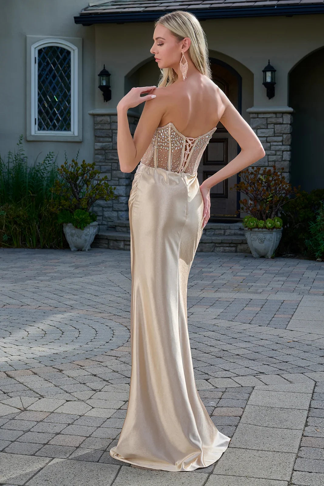 Strapless Boat Neckline Embellished Mesh Bodice Stretch Satin Pleated Detail Slit Skirt-1
