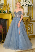 3d Flower Applique Embellished Off Shoulder Straps V Neckline A Line Dress With Slit-0