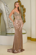 Adjustable Spaghetti Straps Glitter Underlayer Corset Stretch Satin Skirt Fitted Dress With Slit-4