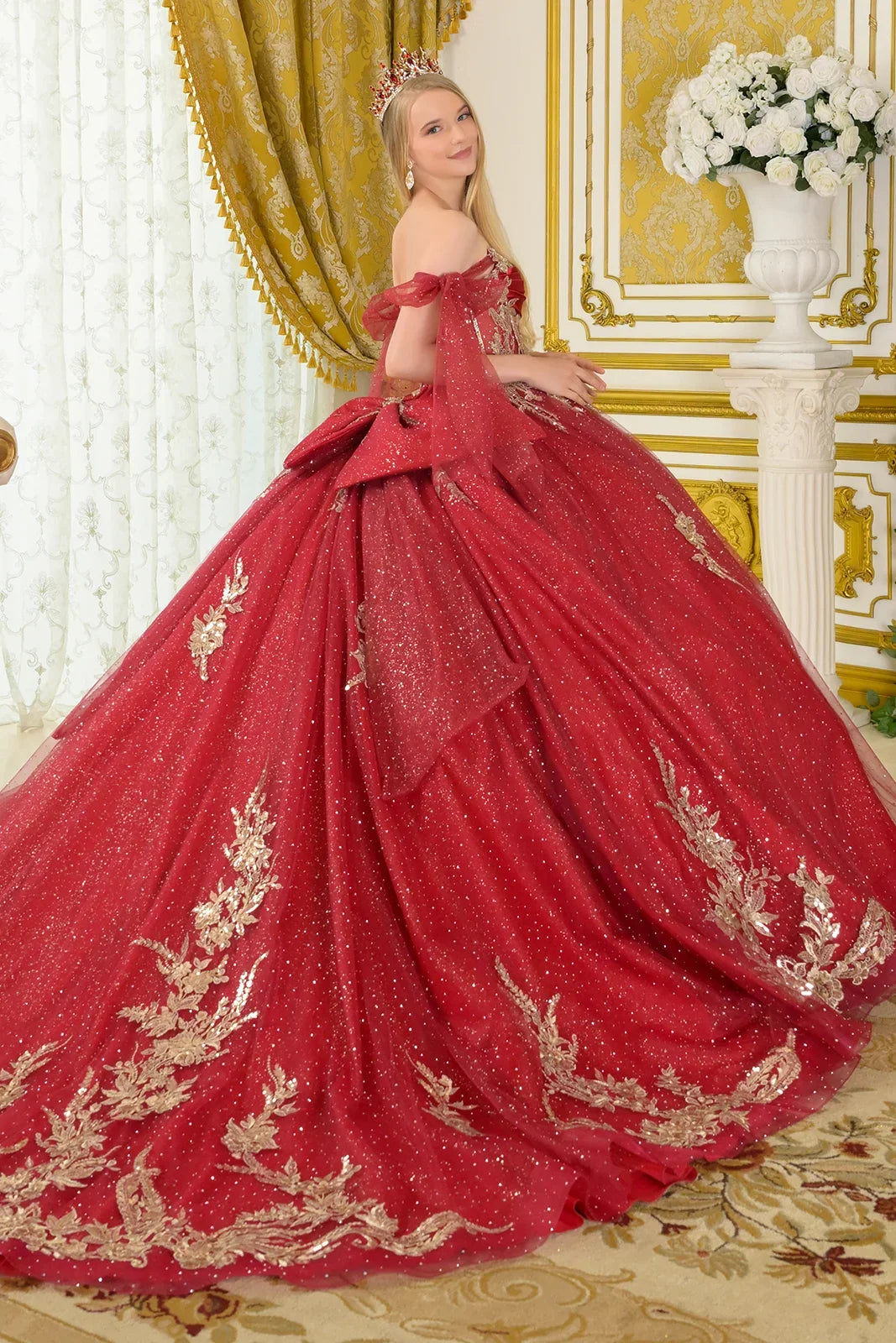 Tie Able Off Shoulder Straps Boat Neckline Pleat Detail Bodice Ball Gown Train With Detachable Back-1