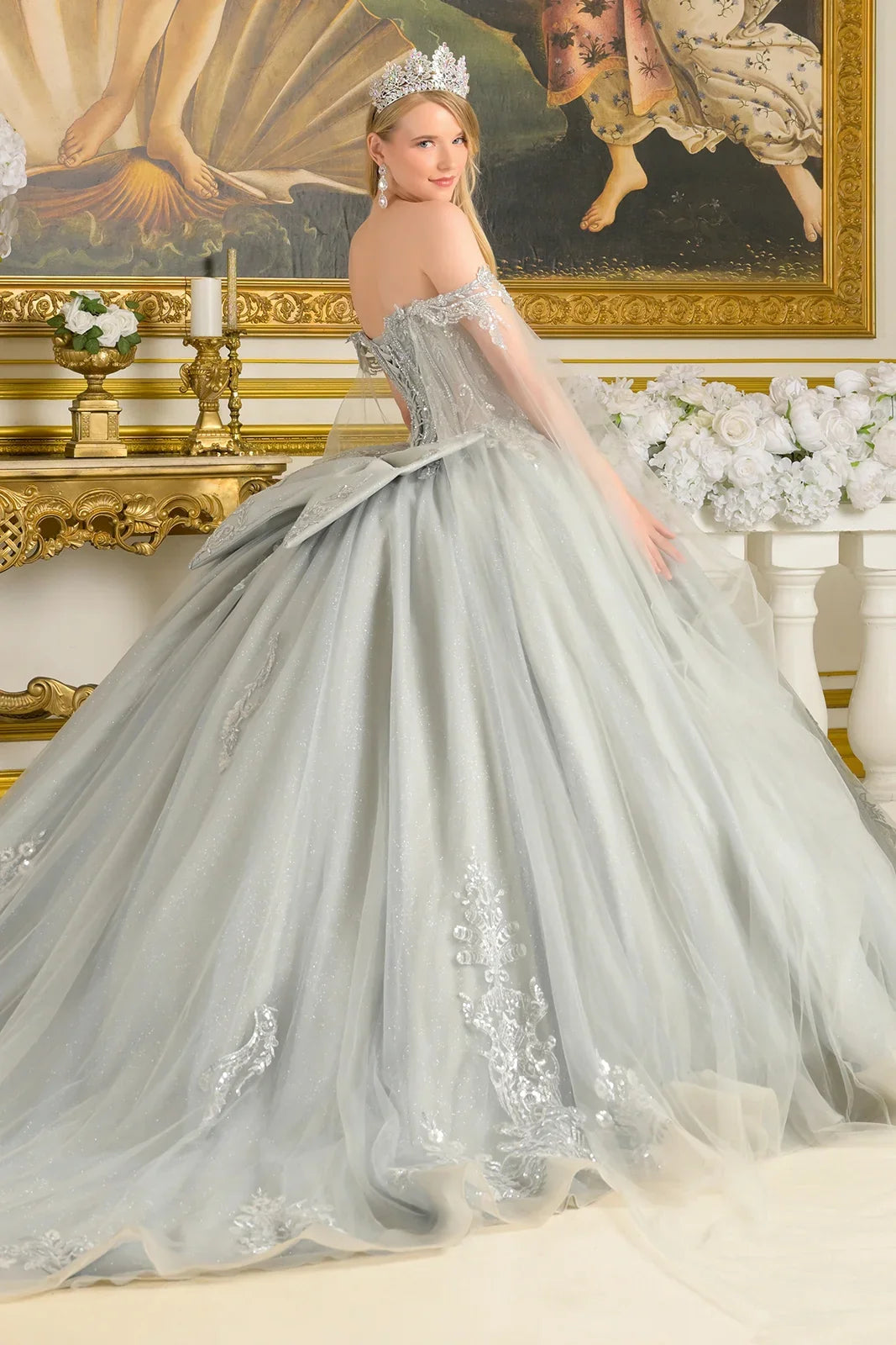 Detachable Off Shoulder Cape Sleeves W Neckline Corset Bodice Ball Gown Train With Detachable Bow-1