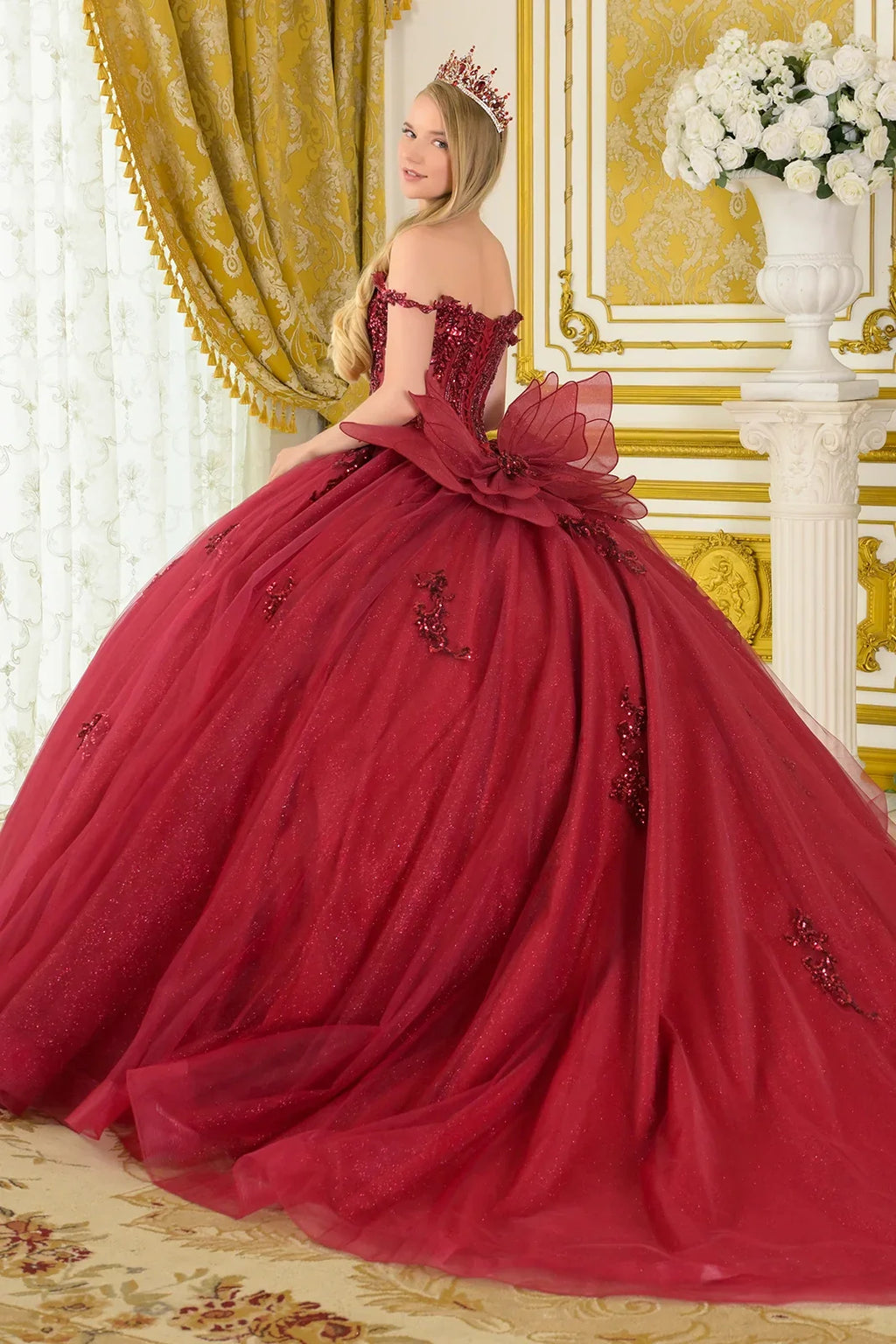 Embellished Thin Straps V Neckline Glitter Underlayer Train Ball Gown With Detachable Butterfly Bow-1