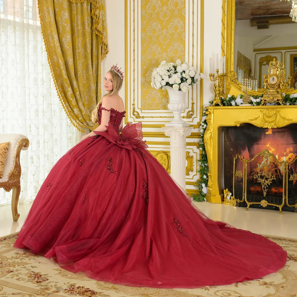 Embellished Thin Straps V Neckline Glitter Underlayer Train Ball Gown With Detachable Butterfly Bow-2