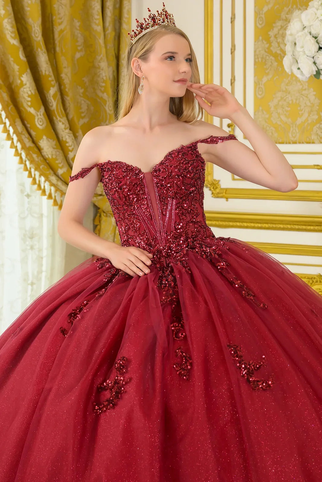 Embellished Thin Straps V Neckline Glitter Underlayer Train Ball Gown With Detachable Butterfly Bow-3