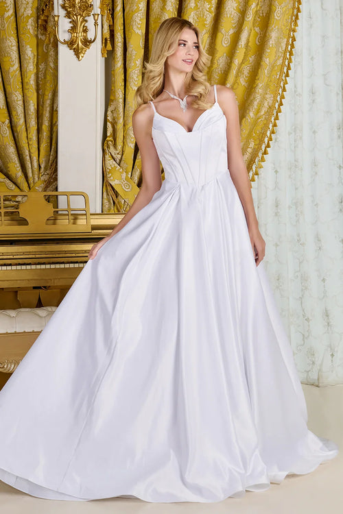 A-line, satin wedding gown spaghetti straps V-neckline-0