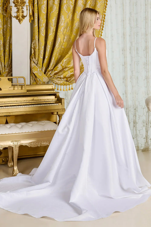 A-line, satin wedding gown spaghetti straps V-neckline-1