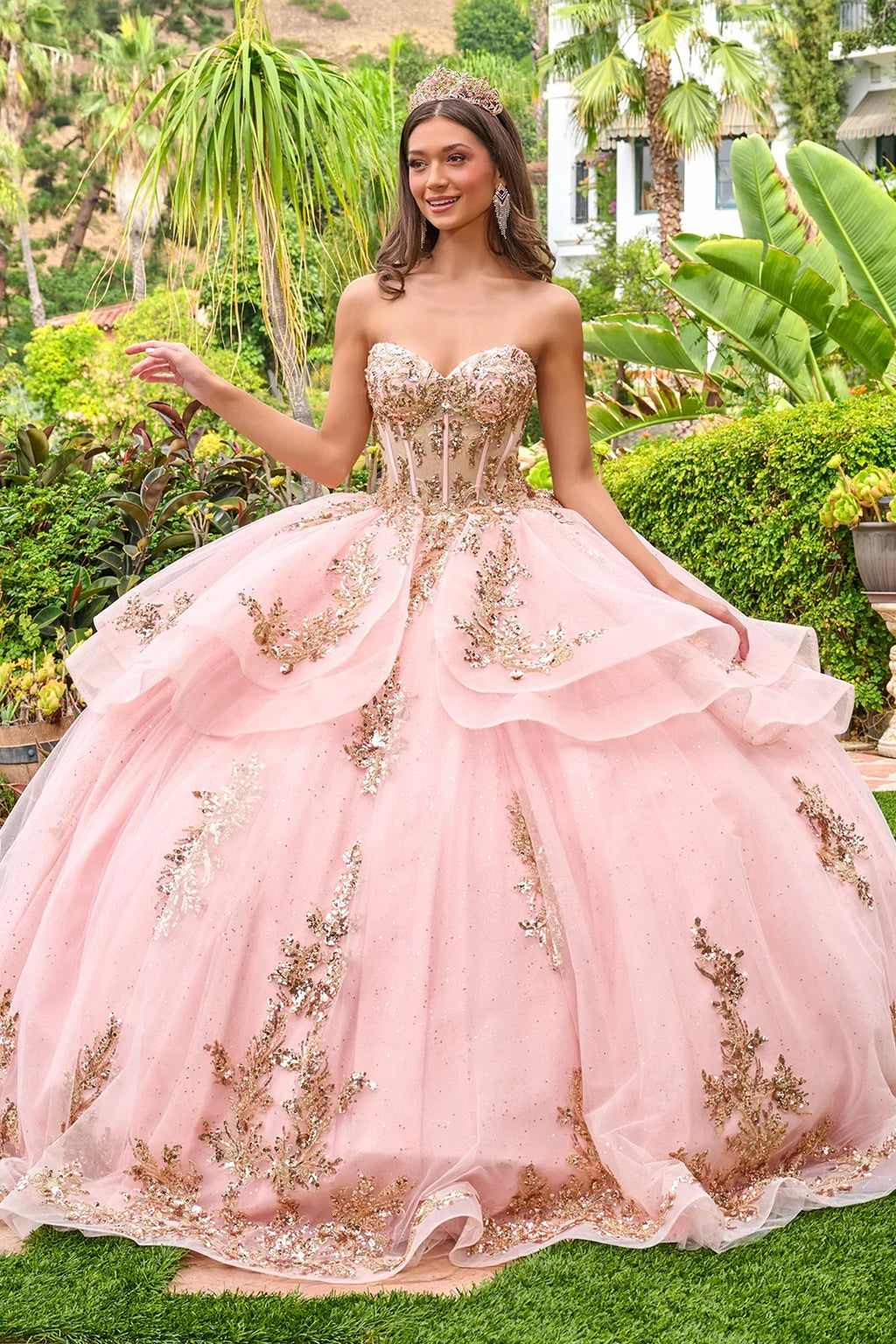 Strapless Sweetheart Neckline High Low Waist Ruffle Layers Train Ball Gown With Metal Grommets-0