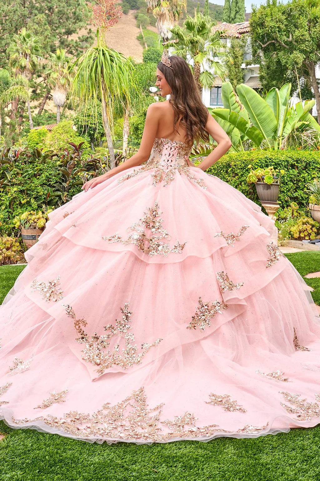 Strapless Sweetheart Neckline High Low Waist Ruffle Layers Train Ball Gown With Metal Grommets-1