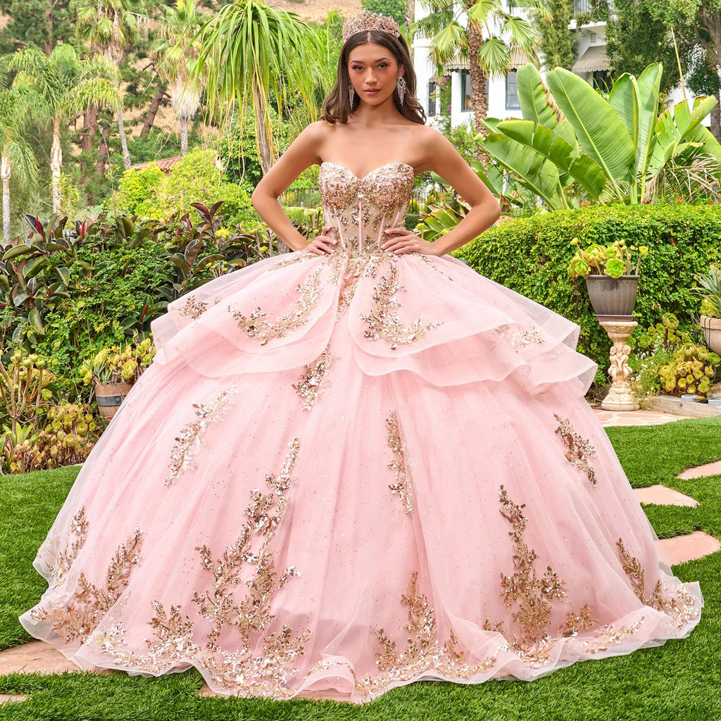 Strapless Sweetheart Neckline High Low Waist Ruffle Layers Train Ball Gown With Metal Grommets-2