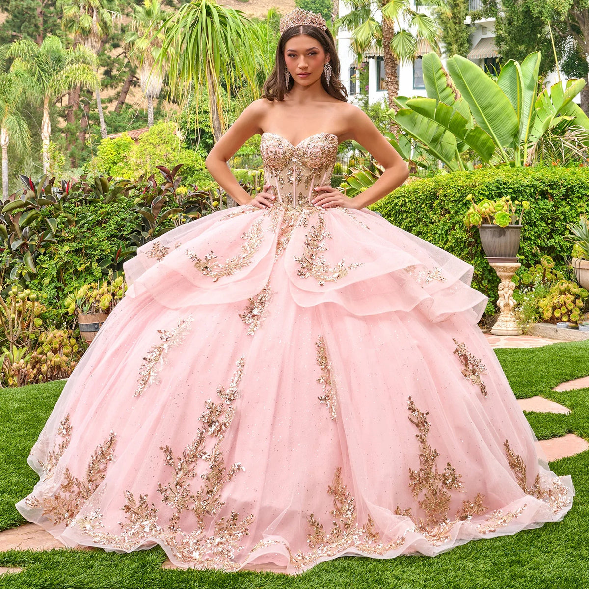 Strapless Sweetheart Neckline High Low Waist Ruffle Layers Train Ball Gown With Metal Grommets-2