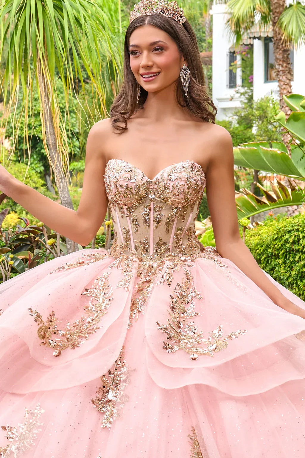Strapless Sweetheart Neckline High Low Waist Ruffle Layers Train Ball Gown With Metal Grommets-4
