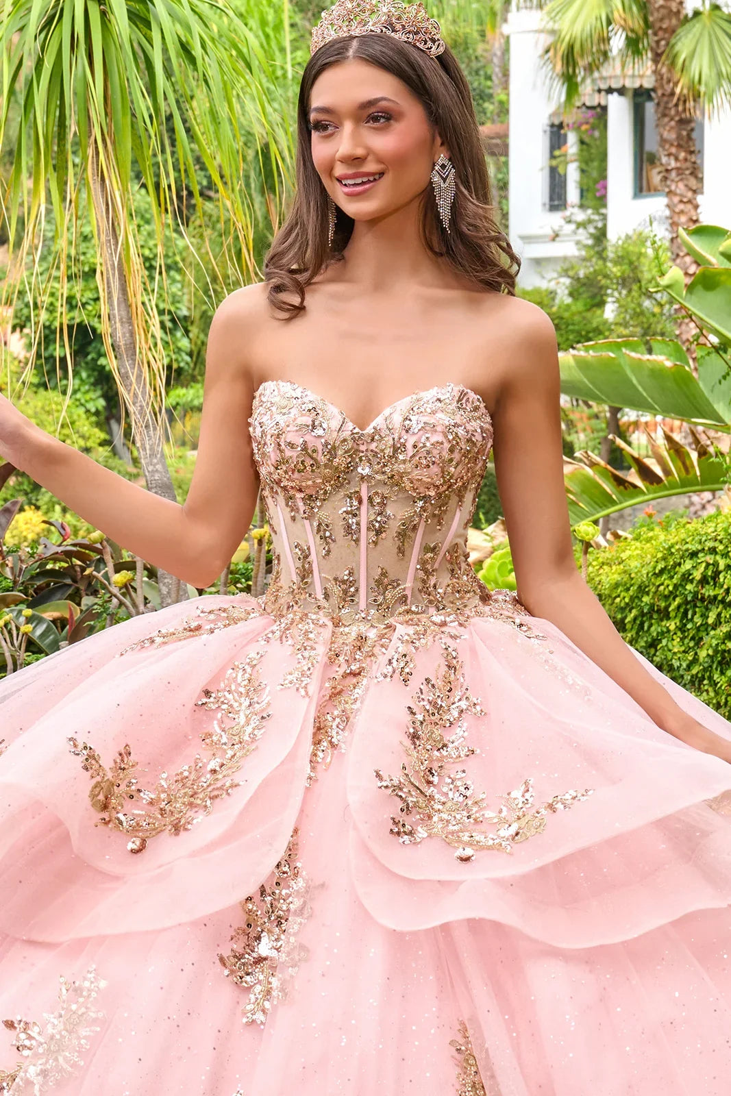 Strapless Sweetheart Neckline High Low Waist Ruffle Layers Train Ball Gown With Metal Grommets-4