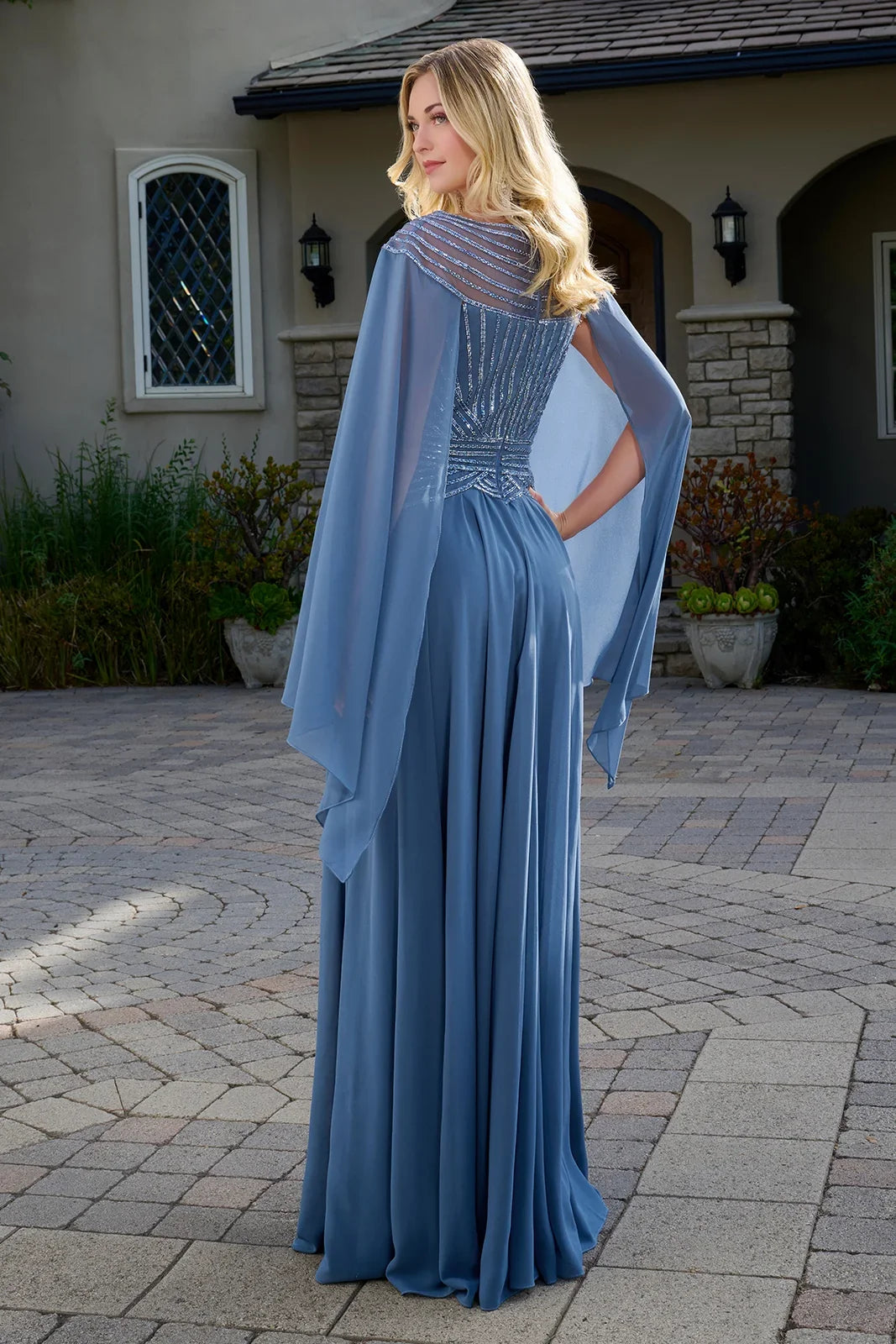 Scoop Neckline Short Raglan Cape Sleeves Bejeweled Bodice Chiffon Skirt A Line Dress-1